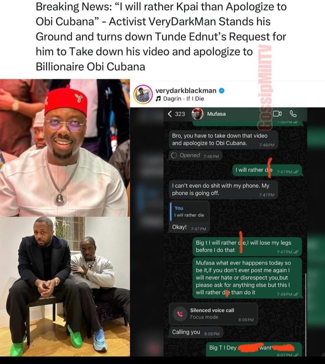 “I Will Rather Die Than Apologize To Obi Cubana” – VeryDarkMan Stands His Ground