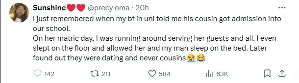 Lady reveals how her boyfriend tricked her into believing his other girlfriend was his cousin. Lady reveals how her boyfriend tricked her into believing his other girlfriend was his cousin.